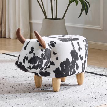 Taburete Reposapiés - Asiento Auxiliar - Madera Y Lino - Blanco Y Negro (62x35x36cm)