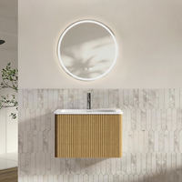 conjunto de bano suspendido de 60 cm roble lavabo integrado y espejo led redondo