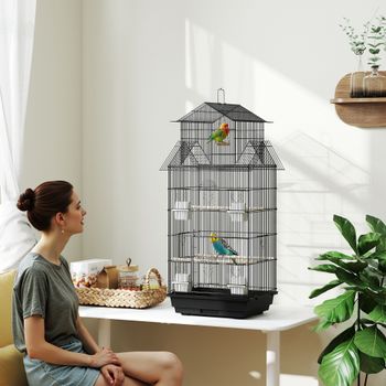 PawHut Jaula para Pájaros de Metal Pajarera para Canarios 2 Comederos y Perchas Pinzones Negro