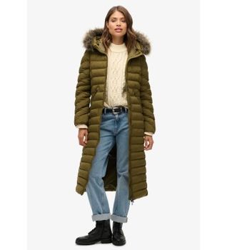 Superdry para mujer. W5011790A Chaqueta larga con capucha de piel sintética Fuji verde (S), Casual, Poliéster Reciclado, Sostenible