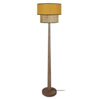 lampara de pie columna madera oscuro pantalla amarillo mostaza