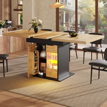 Mesa De Comedor Telescópica 110-140x80 Cm Plegable 4-6 Pers., Led Y Bandeja Para Aperitivos