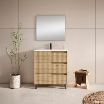 Mueble Ezio 60 Cm 3c, Roble Hércules. Pack Mueble + Lavabo.