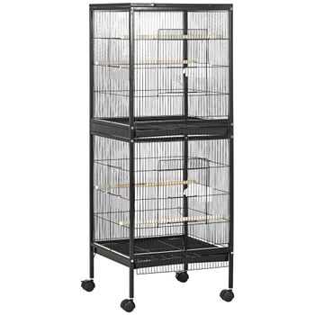 PawHut Jaula para Pájaros de 2 Niveles con Ruedas Bandejas Extraíbles Puertas Comederos Perchas 51,5x50x140 cm Negro