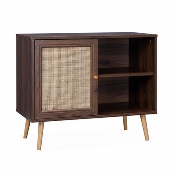 Aparador Estilo Escandinavo Con 1 Puerta De Caña, 80cm, Madera Oscura