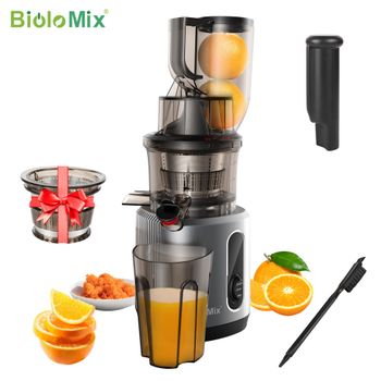 Exprimidor de prensa en frío BioloMix con conducto de alimentación de 75 mm, extractor de jugo de masticación lenta con motor potente de 200 W y 40-65 RPM para frutas enteras