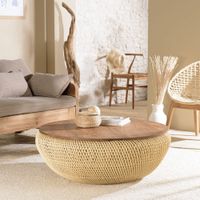 mesa de centro de ratan beige con tablero de teca extraible d100