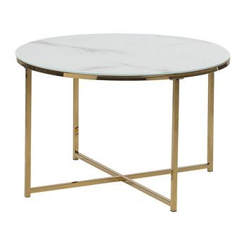 Mesa De Centro Efecto Mármol De Vidrio Templado Blanco Dorado 70 Cm Quincy