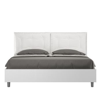 Cama Doble Con Almacenaje, Doble Elevación, 160x200 Cm, Madera De Fresno Blanco, Cojines De Piel Sintética Blanca, Egos Annalisa
