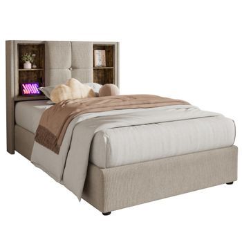 Cama Individual Con Carga Inalámbrica Usb-c - Cama Tapizada 90x200 Cm - Sistema Hidráulico - Natural