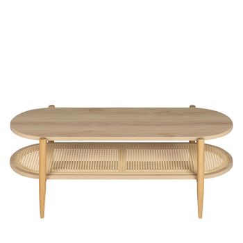Mesa baja ovalada de madera y mimbre - madera clara