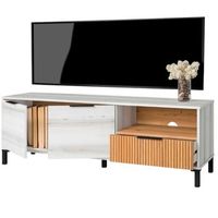 mueble de tv tokio estilo nordico en color blanco albo y roble rayado con 2 puertas 1 cajon 136 cm