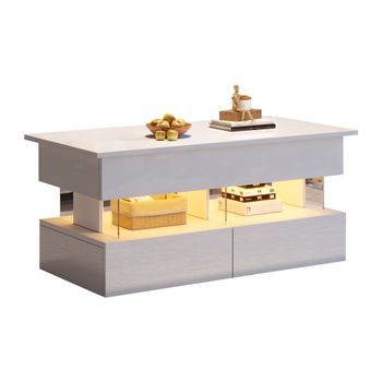 Mesa De Centro Elevable - Con Tablero Regulable En Altura - Mesa Brillante Con Led - Vidrio Templado - Blanco