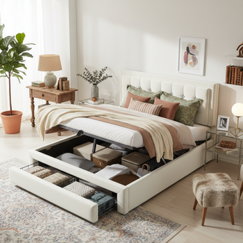 Cama Tapizada Doble 140x190 Con Somier De Listones De Madera, Cabecera, Almacenamiento Hidráulico, 2 Cajones, Terciopelo Beige