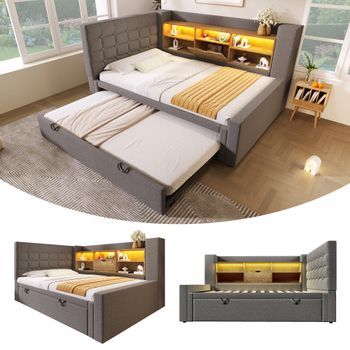 Cama Tapizada Con Cama Nido 90x200/90x190 Cm, Cabecera Con Almacenamiento, Led, Somier De Lamas, Lino Gris