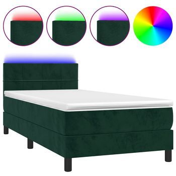 Cama Individual | Cama Para Adultos | Cama Box Spring Colchón Y Led Terciopelo Verde Oscuro 90x190 Cm