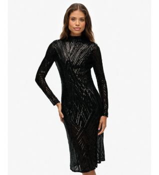 Superdry para mujer. W8012034A Vestido Open negro (XS), Fiesta, Poliéster, Manga larga