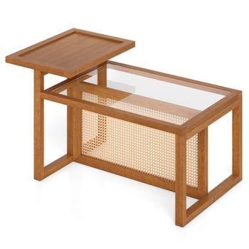 Costway Mesa de Centro Cuadrada Marrón con Palé Ratán y Vidrio Templado Madera de Caucho Gran Capacidad de Carga para Salón 102 x 56 x 56 cm
