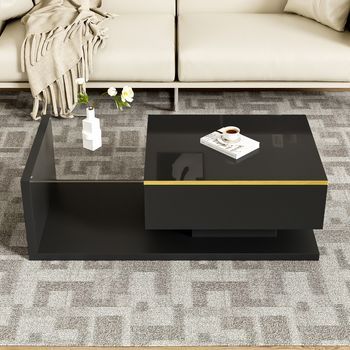 Mesa Auxiliar De 100 Cm De Largo, Color Negro Brillante. Mesas Auxiliares, Mesas Bajas Con Cristal Y Efecto Led