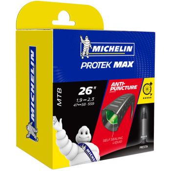 MICHELIN | Cámara Protek Max 26x1.75-2.25 Válvula Presta 40 Mm - Máxima resistencia a los pinchazos. Gracias a su dibujo granulado, la cámara MICHELIN Protek Max reacciona en