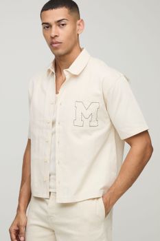Camisa Oversize Recta De Manga Corta Con Bordado, Cream