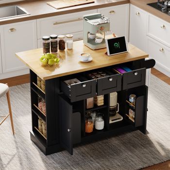 Mesa Móvil De 132 Cm, Tablero Plegable, Armario, Cajón, Especiero, Toalla, 5 Ruedas, Enchufe, Color Natural Y Negro.