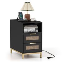 costway mesita de noche ratan con estacion de carga y 2 cajones estilo boho con almacenamiento abierto negro y dorado