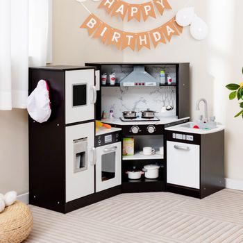 Juego De Cocina De Esquina De Madera Con Lavabo Separado Sonidos Y Luces Divertidos Para Niños 3+ Años-café