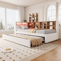 sofa cama 90 x 200  cama nido 90 x 190 led enchufes espacio de almacenamiento cama tapizada de franela beige
