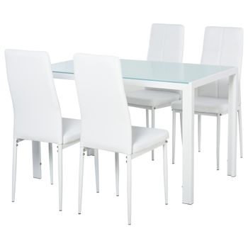 HOMCOM Conjunto Mesa-Sillas Comedor 5 Piezas Mesa Comedor Pequeña Vidrio Templado Rectangular Sillas Individual Tapizadas PU Blanco   Aosom España