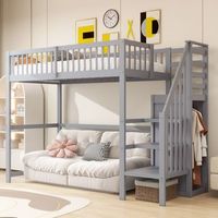 cama mezzanine infantil 90x200 cm con escalera almacenamiento y armario de madera gris