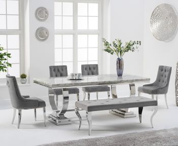 Haven 180cm Grey Marble Table With Talia Velvet Chairs And Grey Velvet Fitzrovia Bench - Grey, 2 Chairs