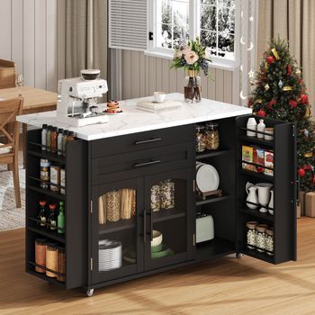 Carrito De Cocina De 120x45(70)x90cm, Parte Superior Plegable, 5 Ruedas, Estante Para Especias, Color Negro.