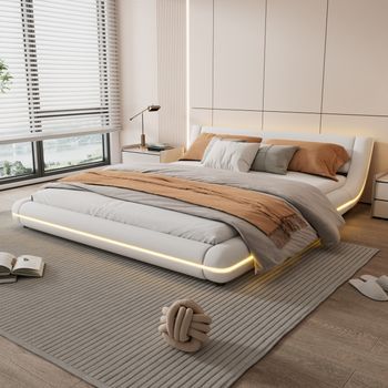 Cama Tapizada Blanca De 160 X 200 Cm Con Iluminación Led Regulable