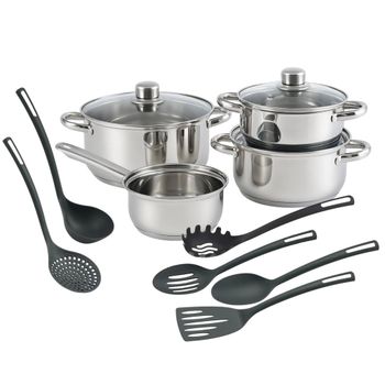 Batería de cocina de acero inox con utensilios de cocina negro