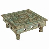 mesa centro de madera tallada acabado artesanal 33x33x14