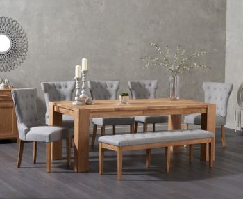 Madrid 200cm Solid Oak Dining Table with Camille Fabric Chairs and Camille Grey Fabric Bench