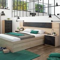 cabecero de cama laredo con 2 mesitas 1 estante cada una color roble oscuro 240 cm