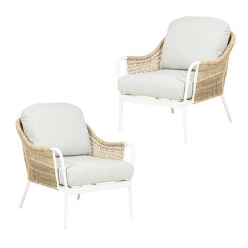 Pack 2 Sillones Para Jardín, Ratán Sintético Tipo Trenzado, Aluminio Y Ratán Sintético Redondo, Color Blanco Envejecido, 70x78x83 Cm