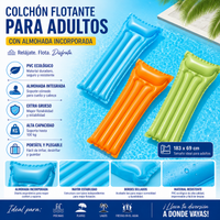 colchon flotante inflable de pvc ecologico en 3 colores con almohada integrada tamano 183x69cm para piscina y playa