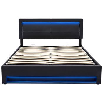 Cama Contenedor De Piel Sintética De 140x200cm Con Led Con Puertos De Carga (con Cable E Inalámbrico) Negro