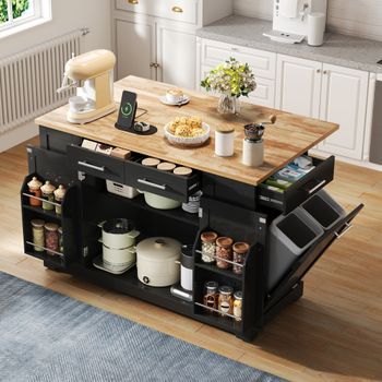 Isla De Cocina Negra Con Encimera Abatible, Ruedas Silenciosas Y Acabado Madera