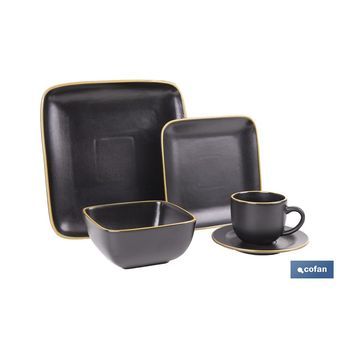 Vajilla De Cerámica Cuadrada En Color Negro Con Borde Vintage | Set De 20 Piezas | Apta Para Lavavajillas, Microondas Y Horno