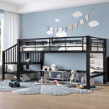Cama Alta Infantil De 90 X 200 Cm, Negra, Con Escalera De Almacenamiento