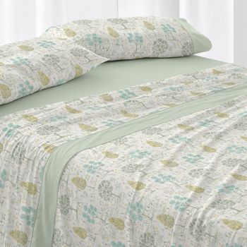 Juego De Sábanas 50% Algodón Floral Cama De 135 Cm - Menta - Burrito Blanco