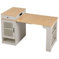 mesa alta extensible blanca y natural con ruedas y regleta hasta 151 cm