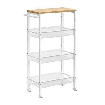 Carro De Cocina Estrecho 4 Niveles Con Ruedas Y Asa Acero - Roble Y Blanco