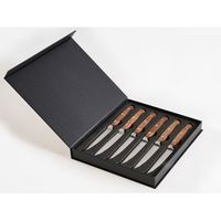 conjunto de 6 cuchillos para carne caja elegante acero inoxidable mango de madera hoja dentada marron nagano