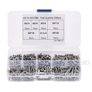 Conjunto surtido de tuercas y pernos de cabeza avellanada y unidad hexagonal de acero inoxidable 304 M3 230pcs