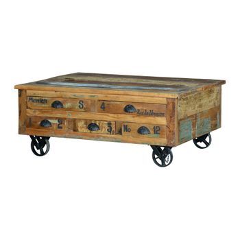 Mesa De Café En Madera Reciclada Y Ruedas De Metal Multicolor